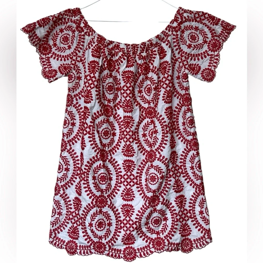 Entro red and white fully floral embroidered off the shoulder mini dress - Picture 4 of 14